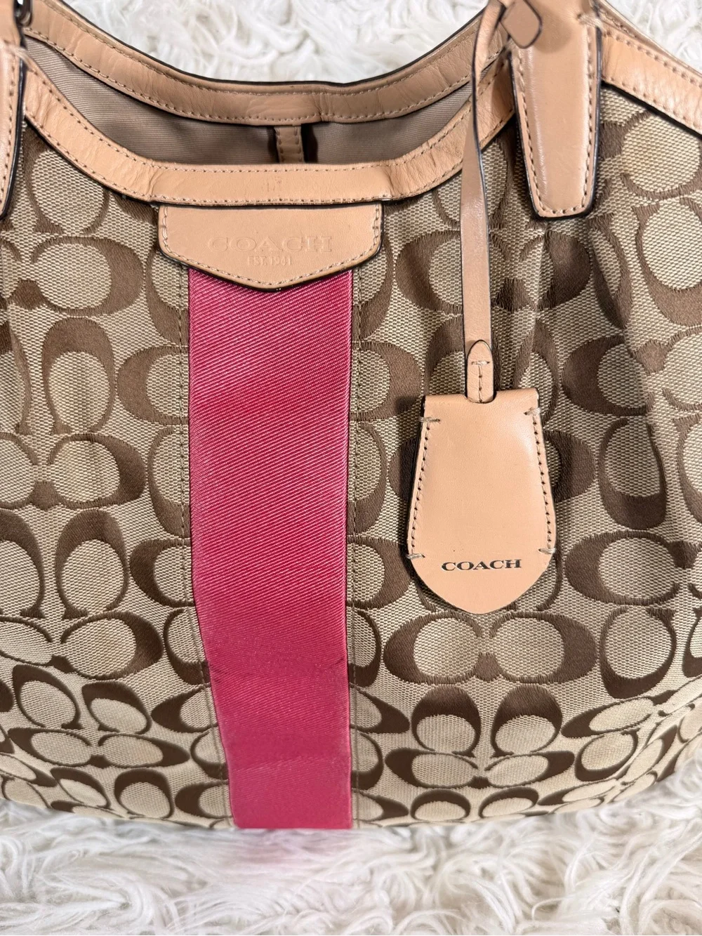 Coach Brown Signature Canvas Tote with Pink Stripe